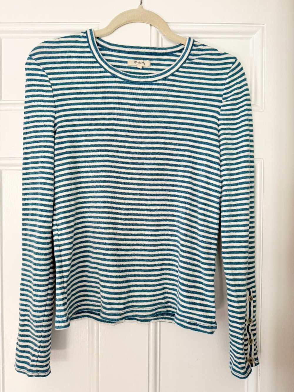 Madewell Blue & White Striped Button Cuff Top Size L
